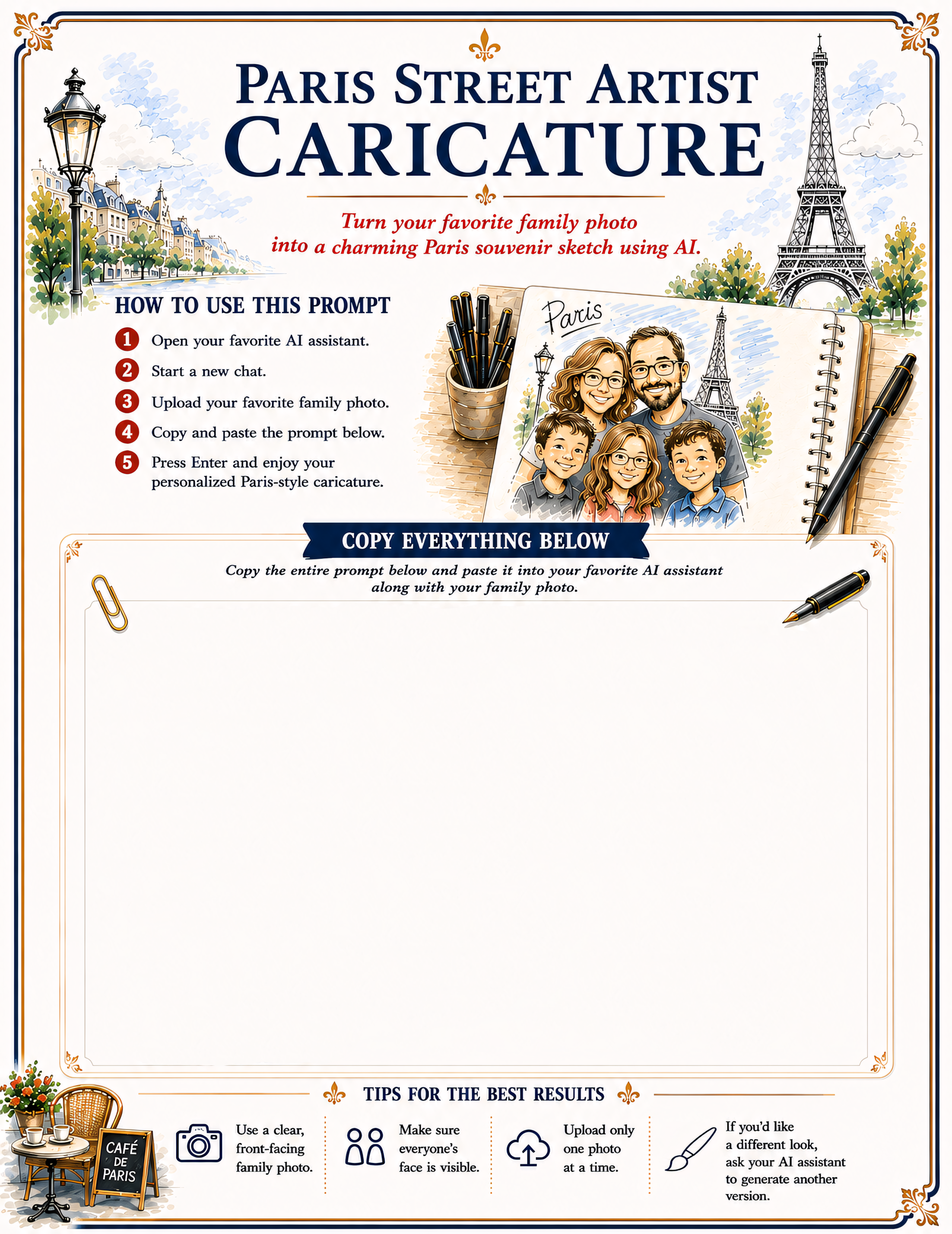 Instructions for creating a Paris street artist caricature